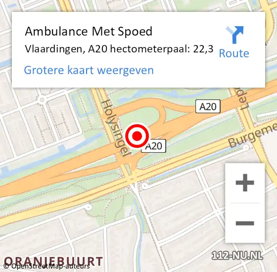 Locatie op kaart van de 112 melding: Ambulance Met Spoed Naar Vlaardingen, A20 hectometerpaal: 22,3 op 8 februari 2023 19:05