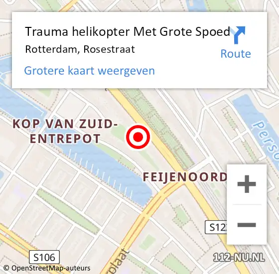 Locatie op kaart van de 112 melding: Trauma helikopter Met Grote Spoed Naar Rotterdam, Rosestraat op 8 februari 2023 19:47