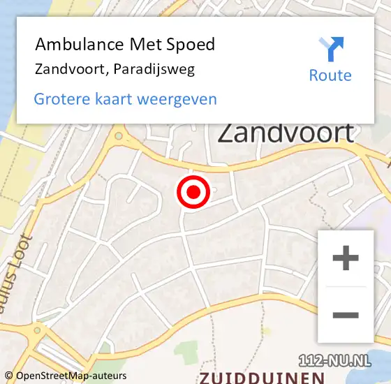 Locatie op kaart van de 112 melding: Ambulance Met Spoed Naar Zandvoort, Paradijsweg op 9 februari 2023 03:59