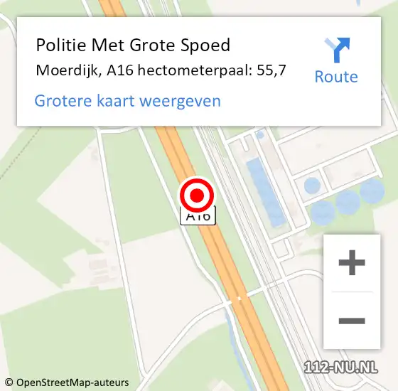 Locatie op kaart van de 112 melding: Politie Met Grote Spoed Naar Moerdijk, A16 hectometerpaal: 55,7 op 9 februari 2023 07:17