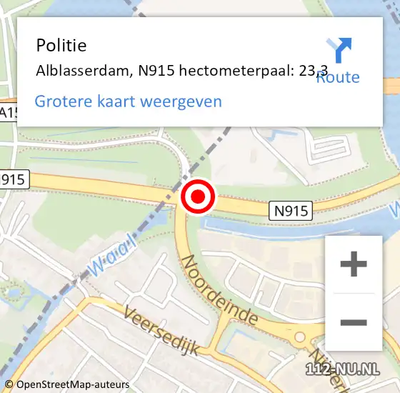 Locatie op kaart van de 112 melding: Politie Alblasserdam, N915 hectometerpaal: 23,3 op 9 februari 2023 07:27