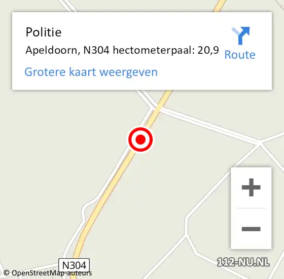 Locatie op kaart van de 112 melding: Politie Apeldoorn, N304 hectometerpaal: 20,9 op 9 februari 2023 07:43