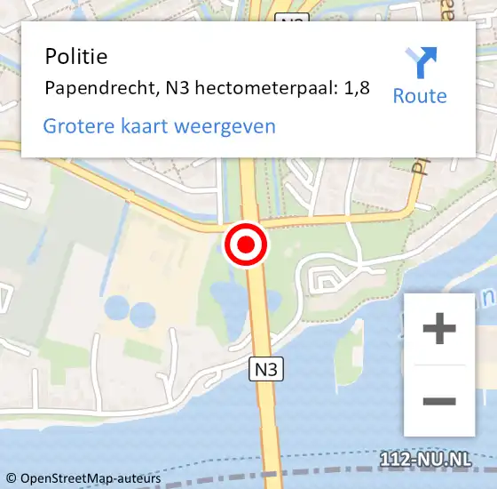 Locatie op kaart van de 112 melding: Politie Papendrecht, N3 hectometerpaal: 1,8 op 9 februari 2023 07:58