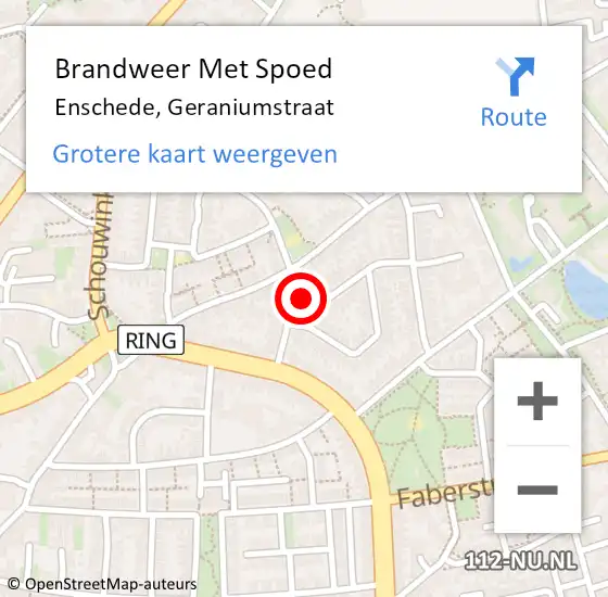 Locatie op kaart van de 112 melding: Brandweer Met Spoed Naar Enschede, Geraniumstraat op 9 februari 2023 08:59