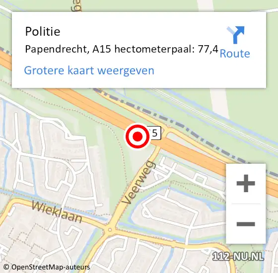 Locatie op kaart van de 112 melding: Politie Papendrecht, A15 hectometerpaal: 77,4 op 9 februari 2023 10:42