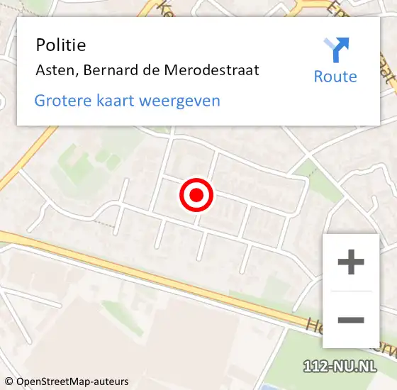 Locatie op kaart van de 112 melding: Politie Asten, Bernard de Merodestraat op 9 februari 2023 12:15