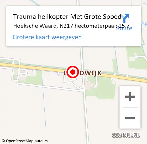 Locatie op kaart van de 112 melding: Trauma helikopter Met Grote Spoed Naar Hoeksche Waard, N217 hectometerpaal: 25,7 op 9 februari 2023 12:55