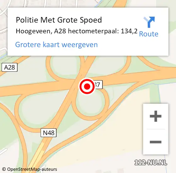 Locatie op kaart van de 112 melding: Politie Met Grote Spoed Naar Hoogeveen, A28 hectometerpaal: 134,2 op 9 februari 2023 14:32