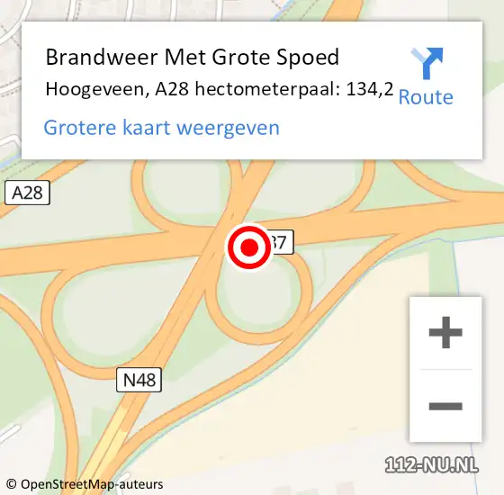 Locatie op kaart van de 112 melding: Brandweer Met Grote Spoed Naar Hoogeveen, A28 hectometerpaal: 134,2 op 9 februari 2023 14:32