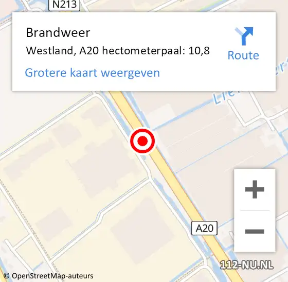 Locatie op kaart van de 112 melding: Brandweer Westland, A20 hectometerpaal: 10,8 op 9 februari 2023 14:37