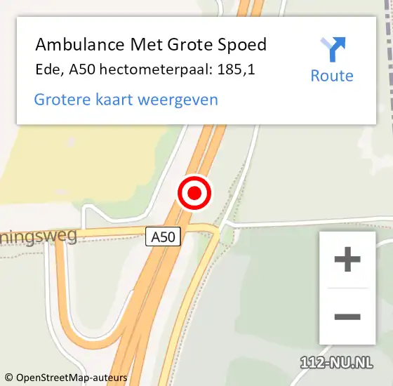 Locatie op kaart van de 112 melding: Ambulance Met Grote Spoed Naar Ede, A50 hectometerpaal: 185,1 op 9 februari 2023 16:06