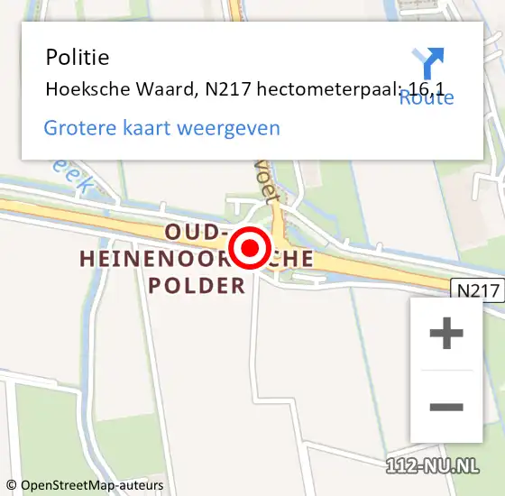 Locatie op kaart van de 112 melding: Politie Hoeksche Waard, N217 hectometerpaal: 16,1 op 9 februari 2023 19:04