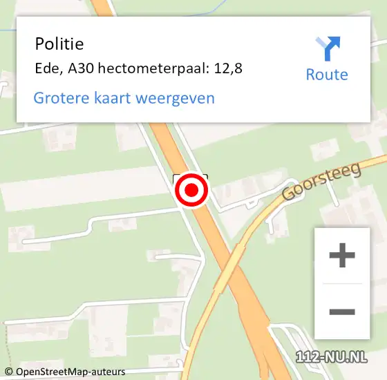 Locatie op kaart van de 112 melding: Politie Ede, A30 hectometerpaal: 12,8 op 9 februari 2023 22:53