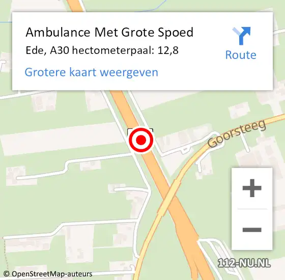Locatie op kaart van de 112 melding: Ambulance Met Grote Spoed Naar Ede, A30 hectometerpaal: 12,8 op 9 februari 2023 22:56