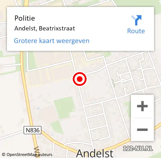 Locatie op kaart van de 112 melding: Politie Andelst, Beatrixstraat op 9 februari 2023 22:59