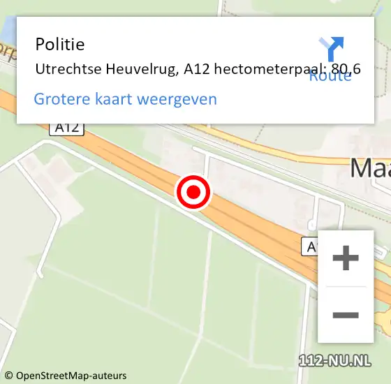 Locatie op kaart van de 112 melding: Politie Utrechtse Heuvelrug, A12 hectometerpaal: 80,6 op 10 februari 2023 05:43