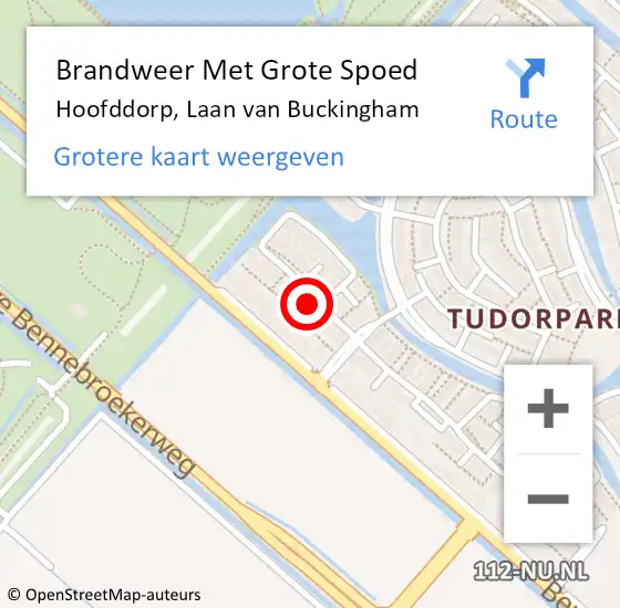 Locatie op kaart van de 112 melding: Brandweer Met Grote Spoed Naar Hoofddorp, Laan van Buckingham op 10 februari 2023 06:04