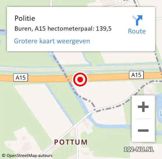 Locatie op kaart van de 112 melding: Politie Neder-Betuwe, A15 hectometerpaal: 139,5 op 10 februari 2023 06:37