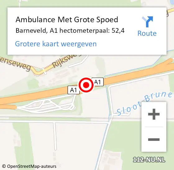 Locatie op kaart van de 112 melding: Ambulance Met Grote Spoed Naar Barneveld, A1 hectometerpaal: 52,4 op 10 februari 2023 08:27