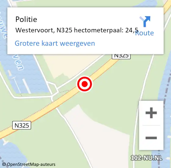 Locatie op kaart van de 112 melding: Politie Westervoort, N325 hectometerpaal: 24,5 op 10 februari 2023 13:33