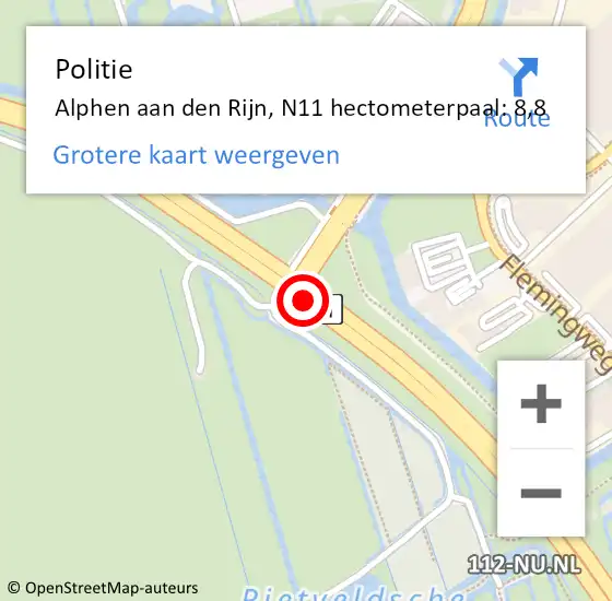 Locatie op kaart van de 112 melding: Politie Alphen aan den Rijn, N11 hectometerpaal: 8,8 op 10 februari 2023 14:24