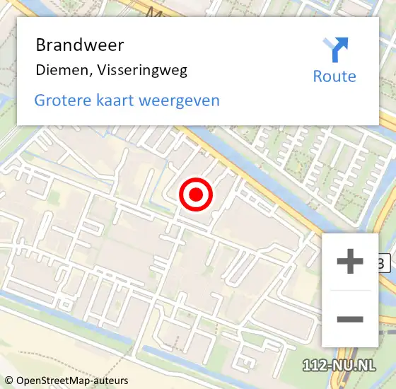 Locatie op kaart van de 112 melding: Brandweer Diemen, Visseringweg op 10 februari 2023 14:32