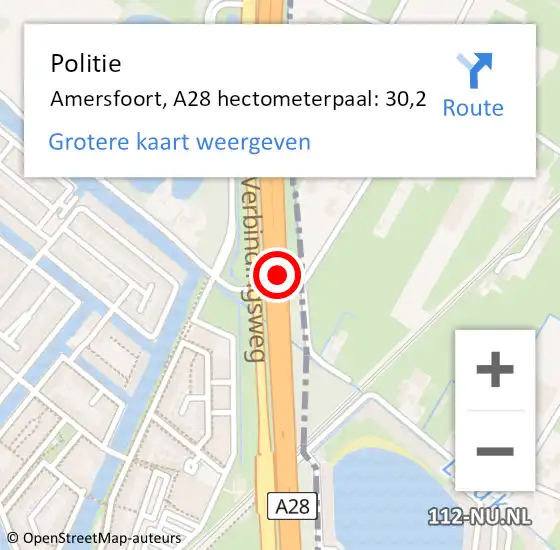 Locatie op kaart van de 112 melding: Politie Amersfoort, A28 hectometerpaal: 30,2 op 10 februari 2023 14:38