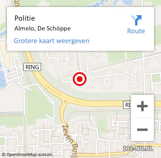 Locatie op kaart van de 112 melding: Politie Almelo, De Schöppe op 10 februari 2023 15:11