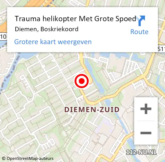 Locatie op kaart van de 112 melding: Trauma helikopter Met Grote Spoed Naar Diemen, Boskriekoord op 10 februari 2023 15:43