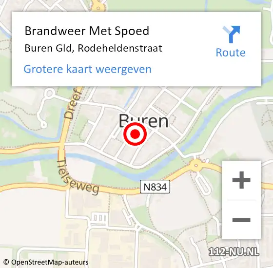 Locatie op kaart van de 112 melding: Brandweer Met Spoed Naar Buren Gld, Rodeheldenstraat op 15 augustus 2014 09:18