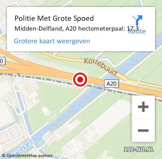 Locatie op kaart van de 112 melding: Politie Met Grote Spoed Naar Midden-Delfland, A20 hectometerpaal: 17,3 op 10 februari 2023 23:27