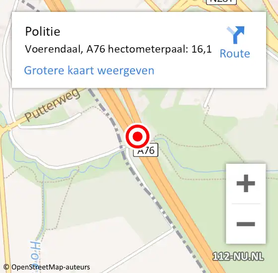 Locatie op kaart van de 112 melding: Politie Voerendaal, A76 hectometerpaal: 16,1 op 10 februari 2023 23:31