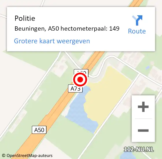 Locatie op kaart van de 112 melding: Politie Beuningen, A50 hectometerpaal: 149 op 11 februari 2023 02:43