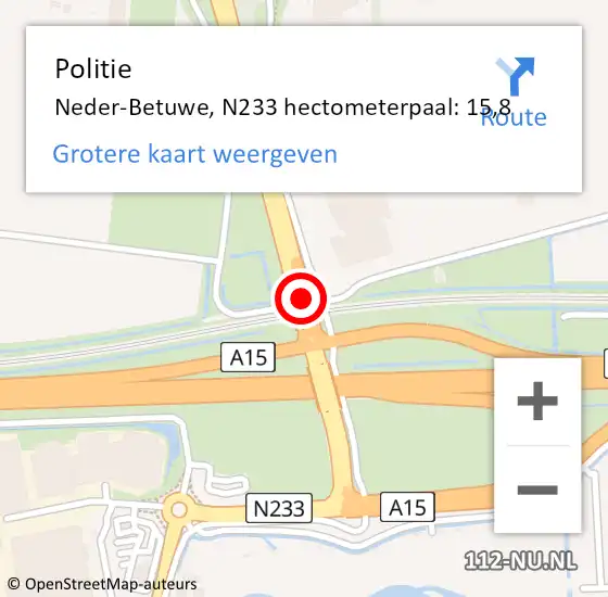 Locatie op kaart van de 112 melding: Politie Neder-Betuwe, N233 hectometerpaal: 15,8 op 11 februari 2023 02:50