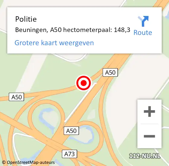 Locatie op kaart van de 112 melding: Politie Beuningen, A50 hectometerpaal: 148,3 op 11 februari 2023 03:26