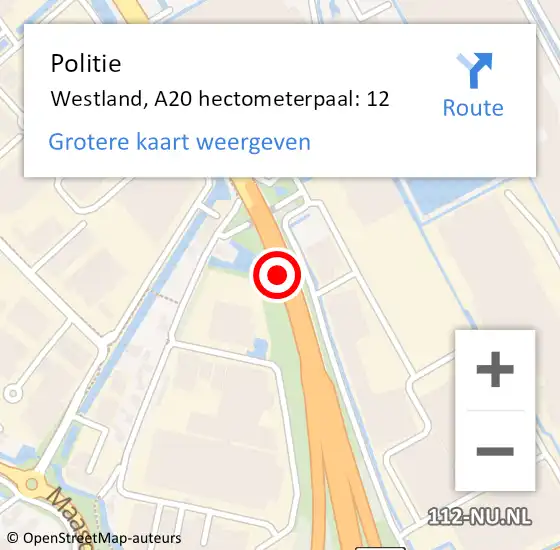 Locatie op kaart van de 112 melding: Politie Westland, A20 hectometerpaal: 12 op 11 februari 2023 04:20