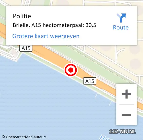 Locatie op kaart van de 112 melding: Politie Brielle, A15 hectometerpaal: 30,5 op 11 februari 2023 07:34