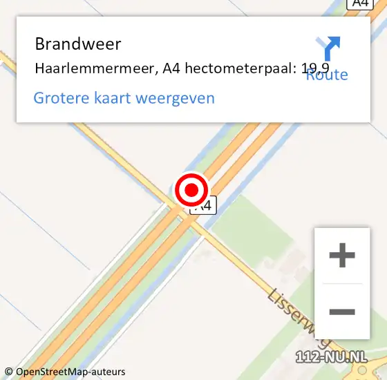 Locatie op kaart van de 112 melding: Brandweer Haarlemmermeer, A4 hectometerpaal: 19,9 op 11 februari 2023 08:58