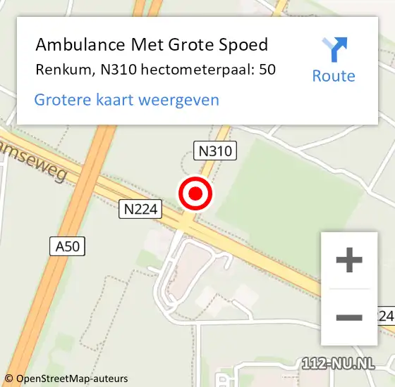 Locatie op kaart van de 112 melding: Ambulance Met Grote Spoed Naar Renkum, N310 hectometerpaal: 50 op 11 februari 2023 09:31