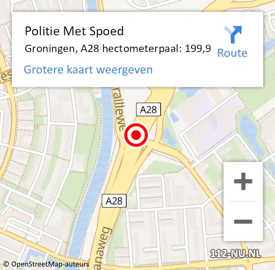 Locatie op kaart van de 112 melding: Politie Met Spoed Naar Groningen, A28 hectometerpaal: 199,9 op 11 februari 2023 11:14