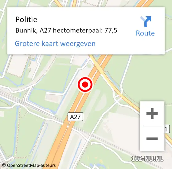 Locatie op kaart van de 112 melding: Politie Bunnik, A27 hectometerpaal: 77,5 op 11 februari 2023 12:46