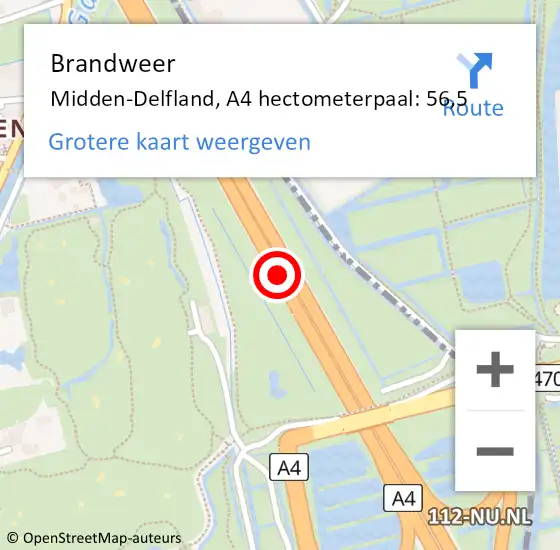 Locatie op kaart van de 112 melding: Brandweer Midden-Delfland, A4 hectometerpaal: 56,5 op 11 februari 2023 13:05