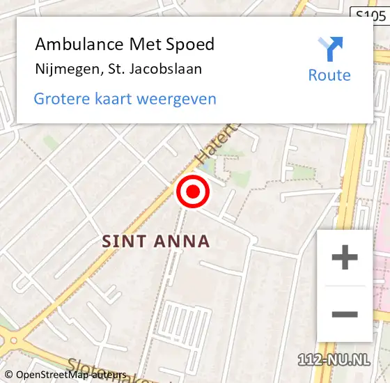 Locatie op kaart van de 112 melding: Ambulance Met Spoed Naar Nijmegen, St. Jacobslaan op 11 februari 2023 13:33