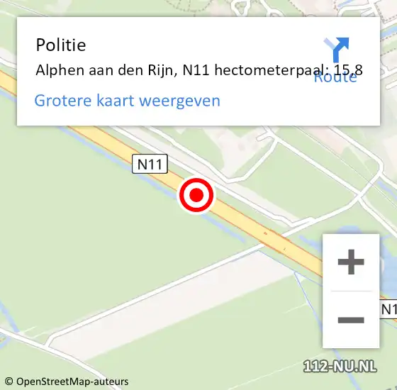 Locatie op kaart van de 112 melding: Politie Alphen aan den Rijn, N11 hectometerpaal: 15,8 op 11 februari 2023 13:49