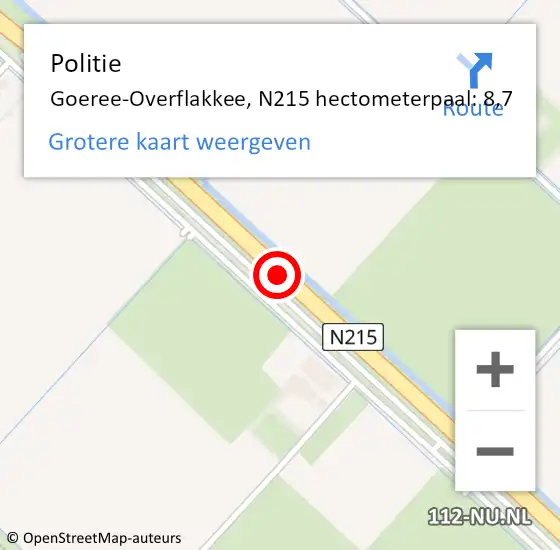 Locatie op kaart van de 112 melding: Politie Goeree-Overflakkee, N215 hectometerpaal: 8,7 op 11 februari 2023 14:10