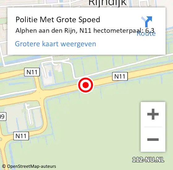 Locatie op kaart van de 112 melding: Politie Met Grote Spoed Naar Alphen aan den Rijn, N11 hectometerpaal: 6,3 op 11 februari 2023 17:57