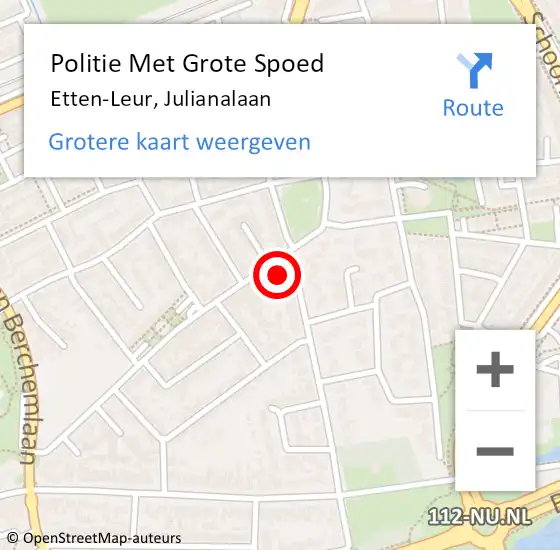 Locatie op kaart van de 112 melding: Politie Met Grote Spoed Naar Etten-Leur, Julianalaan op 11 februari 2023 20:54