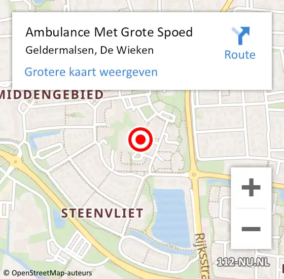 Locatie op kaart van de 112 melding: Ambulance Met Grote Spoed Naar Geldermalsen, De Wieken op 11 februari 2023 21:28