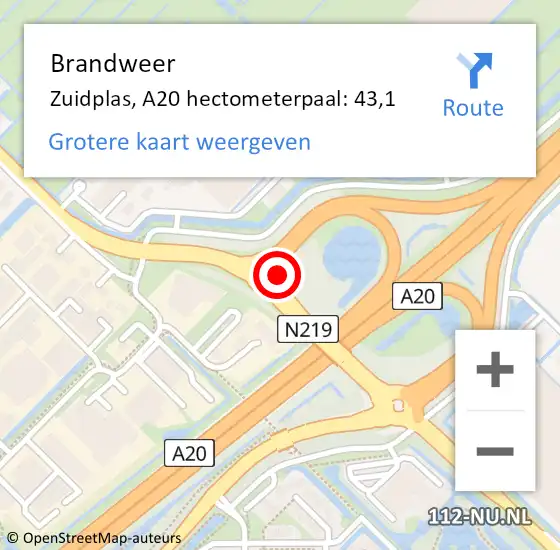 Locatie op kaart van de 112 melding: Brandweer Zuidplas, A20 hectometerpaal: 43,1 op 11 februari 2023 22:12