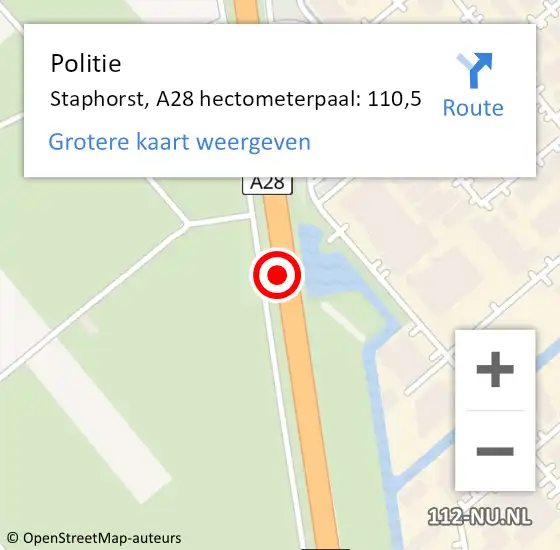 Locatie op kaart van de 112 melding: Politie Staphorst, A28 hectometerpaal: 110,5 op 12 februari 2023 01:17